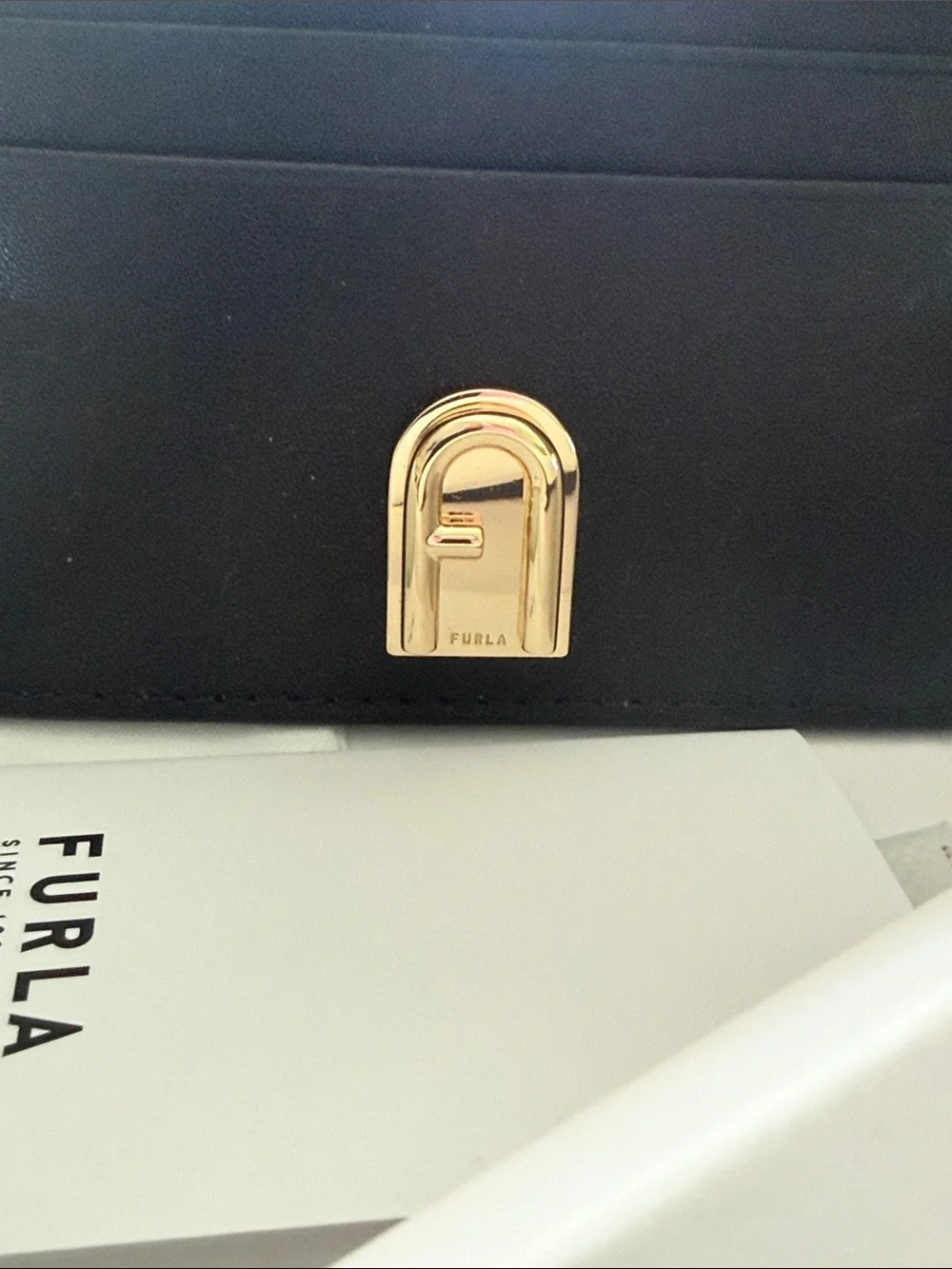Furla Black Leather Card Holder with Gold Arch Clasp NWT